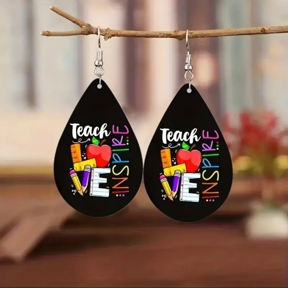 Teach, love, inspire water drop wooden earrings - Picture 2 of 4
